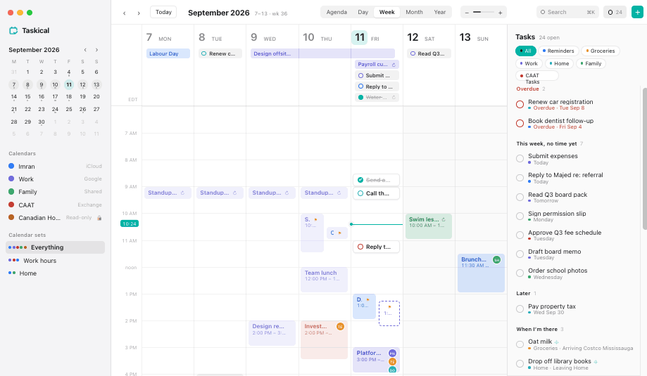 Taskical week view with colour-coded calendars and a reminders pane on the right.